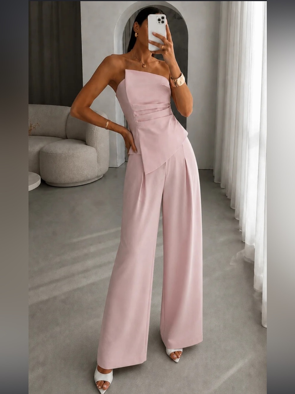Commence Asymmetric Strapless Top and Wide-Leg Pants set in Soft Pink